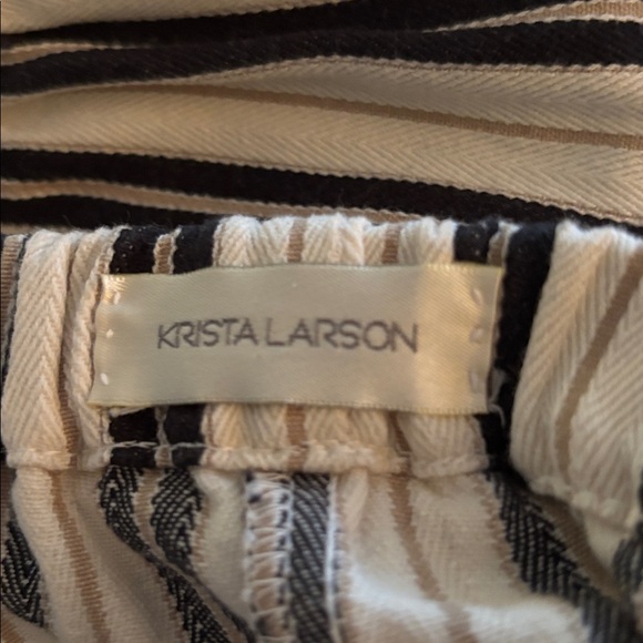 Krista Larson Wide Leg Pant Cotton Striped Cropped Cream Black Khaki OS Pull On - Picture 5 of 6